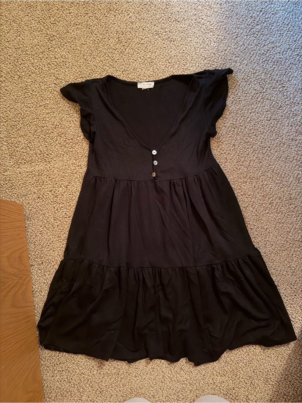 Black V-Neck Button Front Tiered Mini Dress